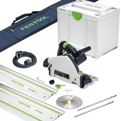 FESTOOL TS55F FEBQ-PLUS 240V PLUNGE SAW WITH 2 X FS/1400 1.4M GUIDE RAIL, 2X CONNECTORS + RAIL BAG